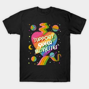 Support Queer Businesses Vintage Distressed with Planets & Rainbows T-Shirt